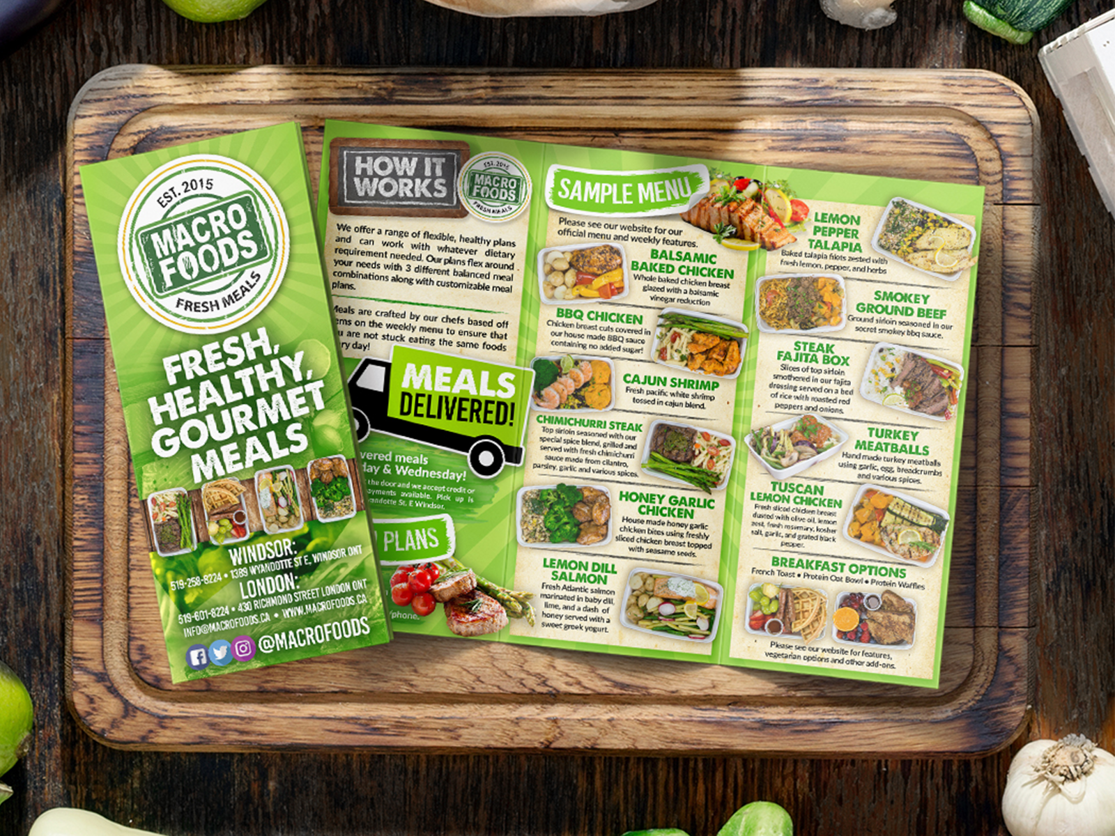 Tri-fold brochure design and takeout menu for fast casual restaurant, print collateral optimized for ordering and product photography showcasing burgers and sides