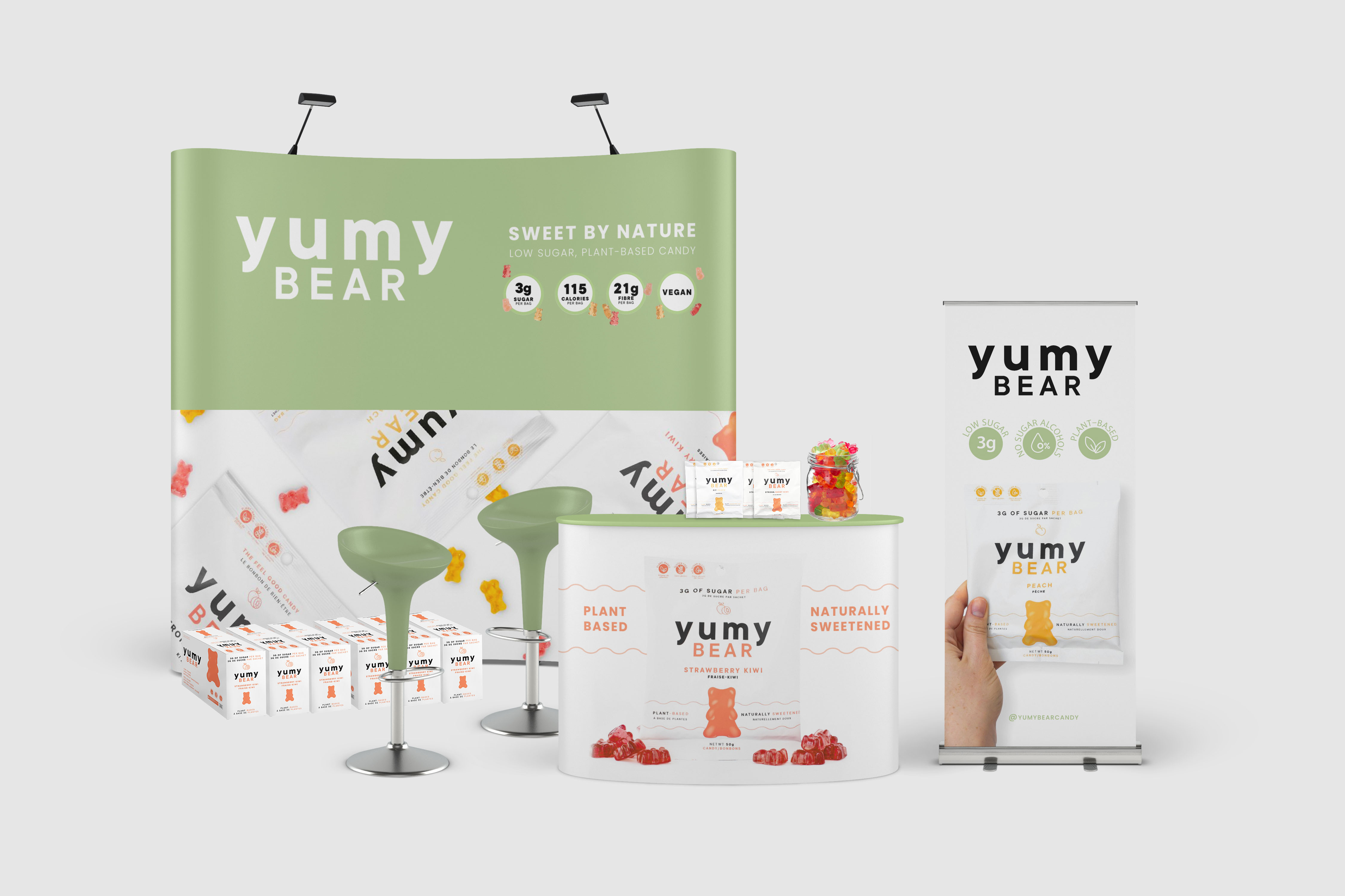 Trade show booth design mockup for CPG snack brand Crunchy Bites, large format event marketing display with bold graphics and product photography optimized for high-traffic experiential environments