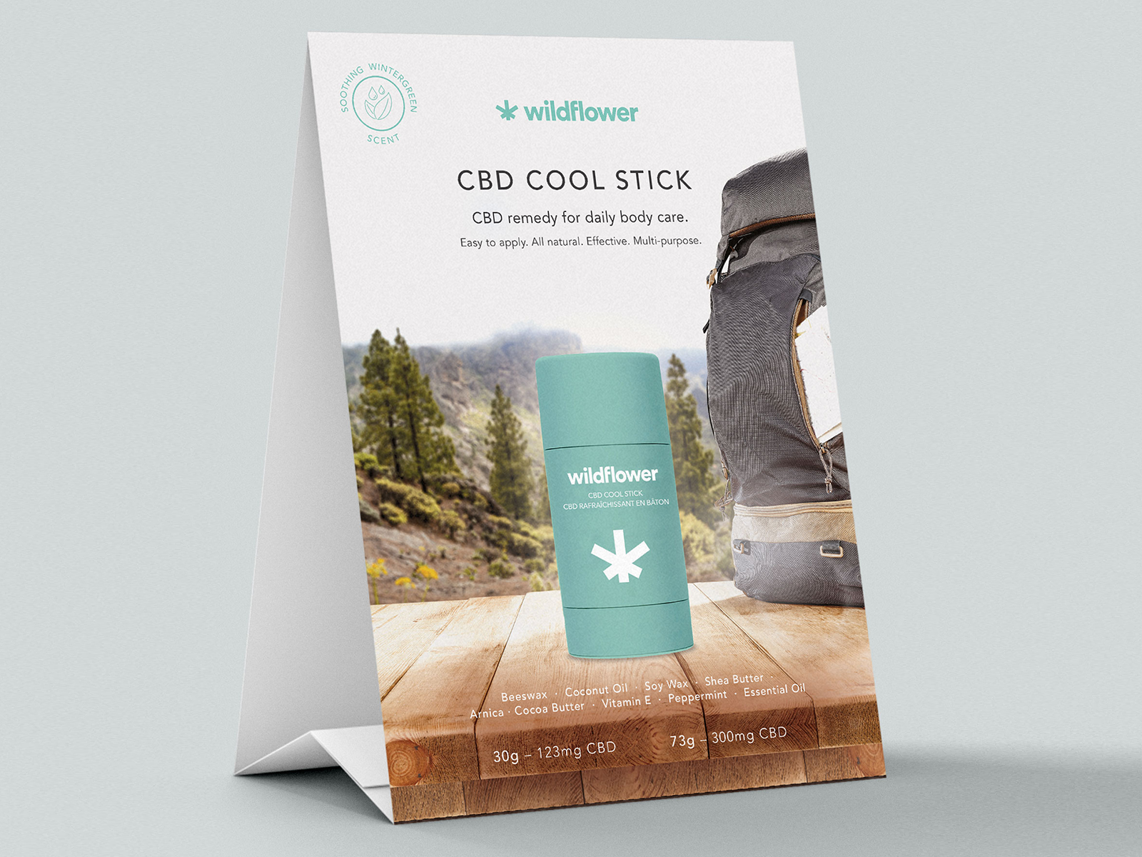 Tent card design and tabletop display graphic for Cannabis CBD brand used in retail promotions and trade show events featuring clean typography and natural imagery