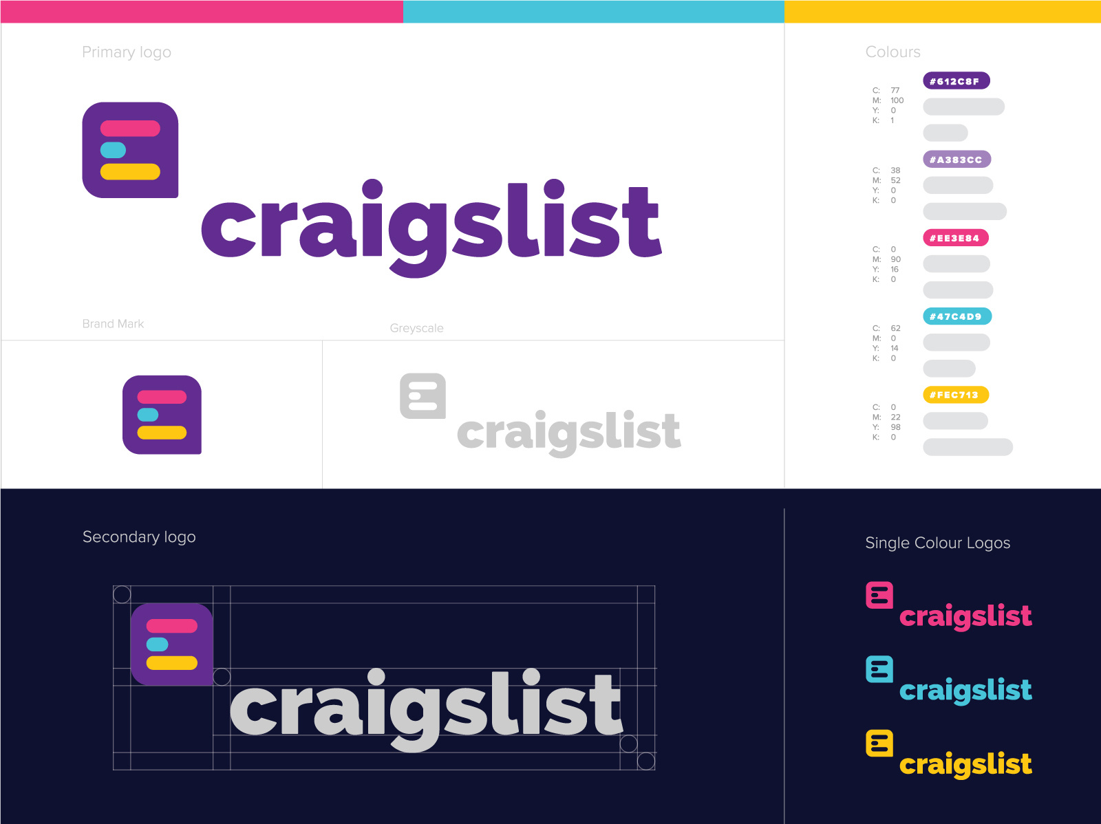 Brand identity design and rebrand concept for Craigslist, visual identity system featuring new logo, color palette, typography, and application examples including mobile interface and merchandise