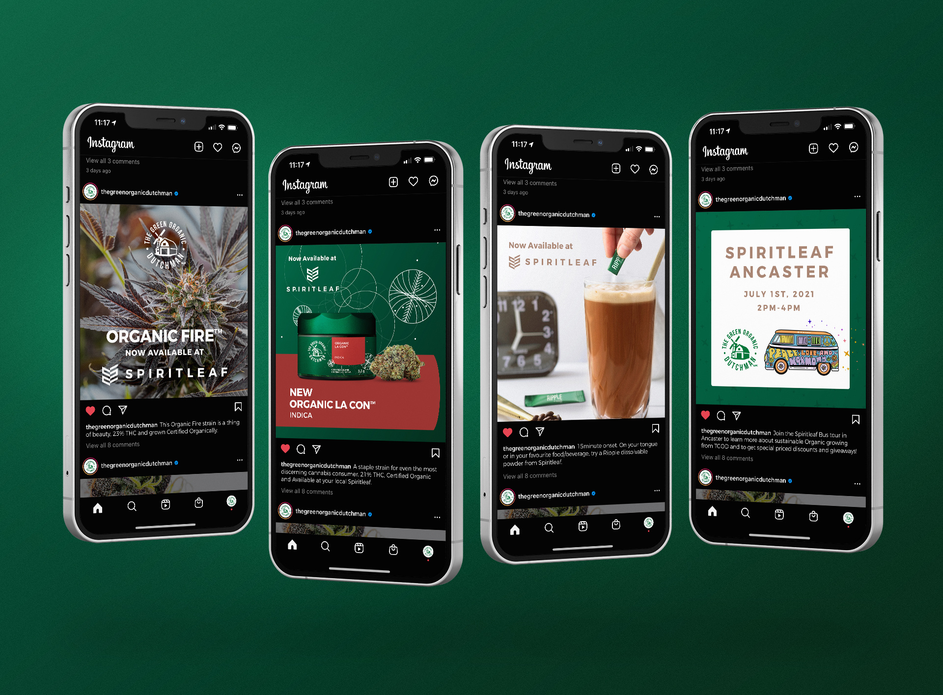 Social media graphic design suite for cannabis CPG brand featuring retro illustrations and typography displayed on digital devices for marketing campaigns and brand visibility