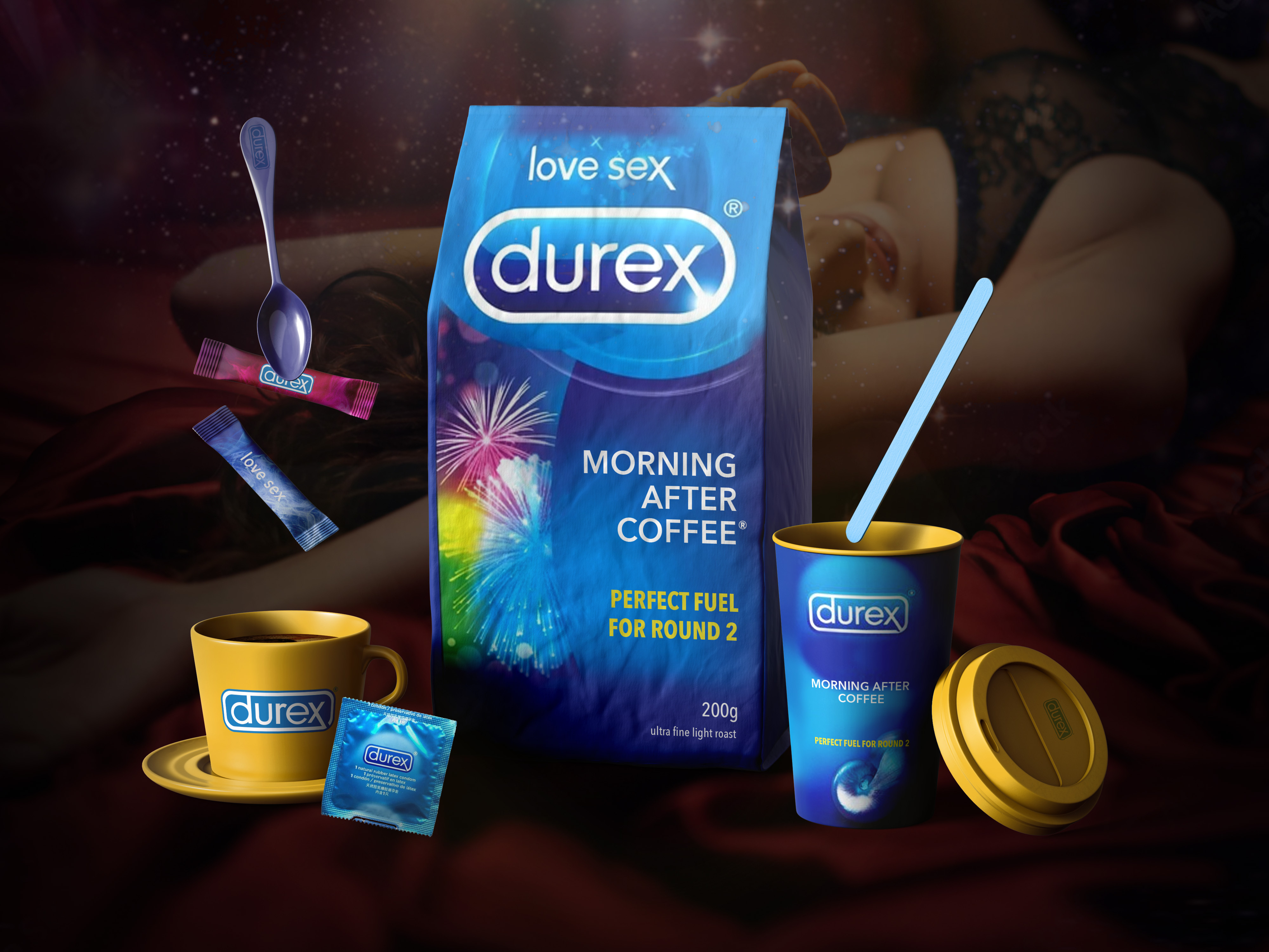 Brand activation design concept for Durex featuring branded coffee cup sleeve and product samples for experiential marketing and retail promotions