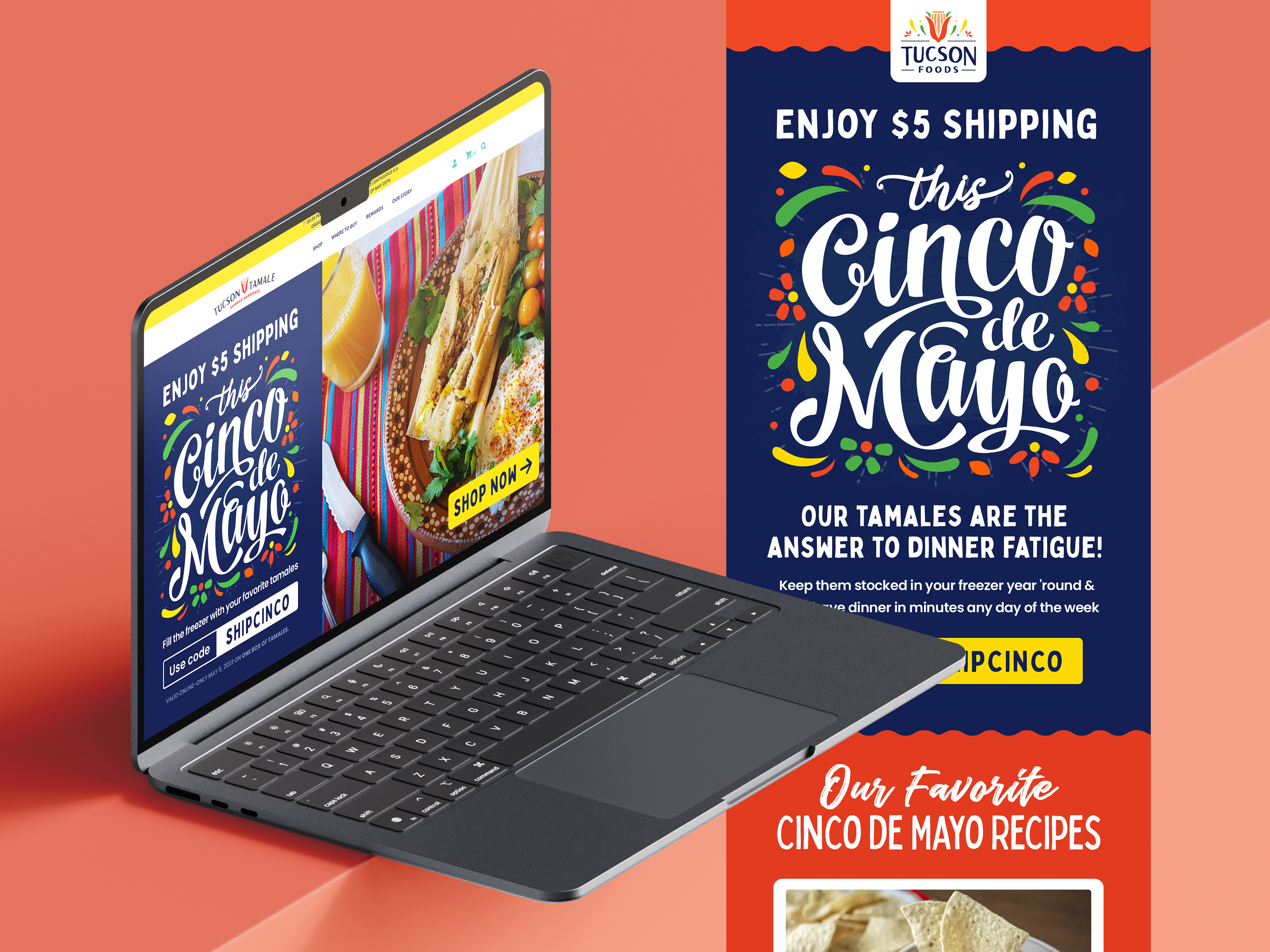 Promotional email design for CPG snack brand Tucson Tamale, newsletter layout optimized for seasonal campaigns and food marketing with festive illustrations and conversion focused elements