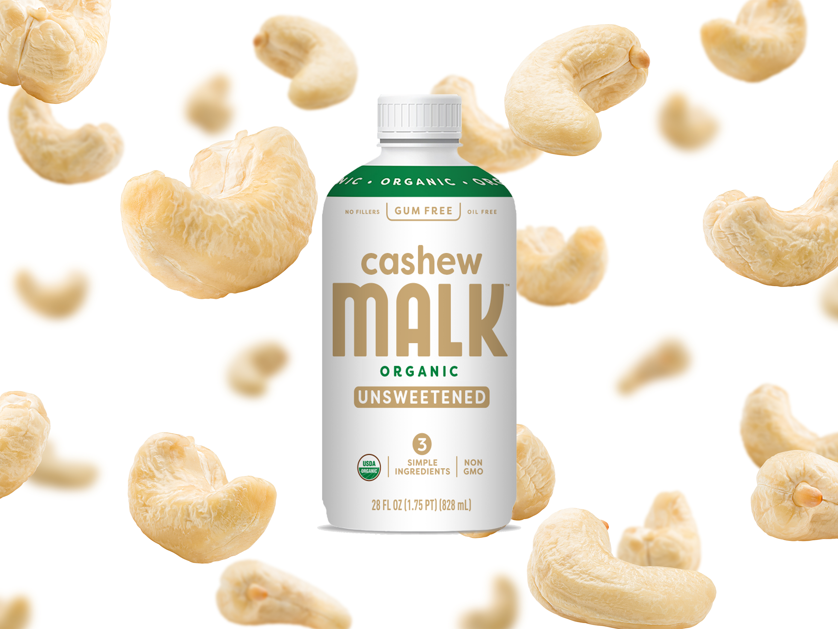Packaging design and label branding for Cashew Milk beverage bottles, product mockup for CPG retail and trade marketing