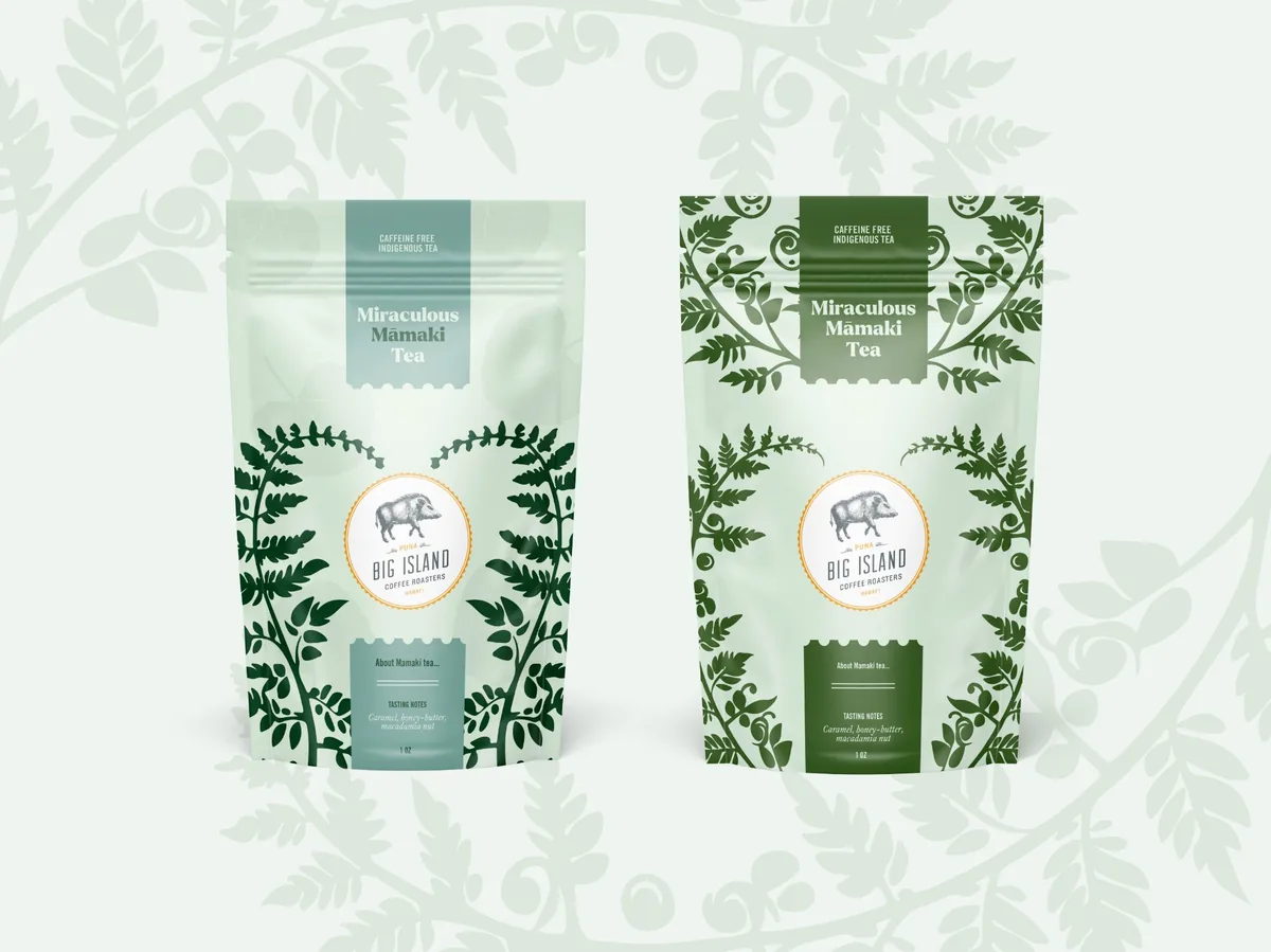Stand-up pouch packaging design concepts for Big Island Coffee Roasters Miraculous Mamaki Tea, two color variations with botanical fern illustrations and heritage brand logo