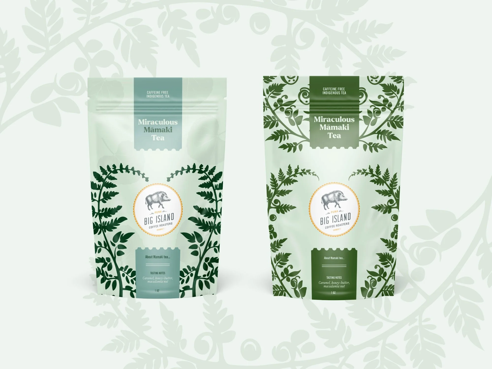 Stand-up pouch packaging design concepts for Big Island Coffee Roasters Miraculous Mamaki Tea, two color variations with botanical fern illustrations and heritage brand logo