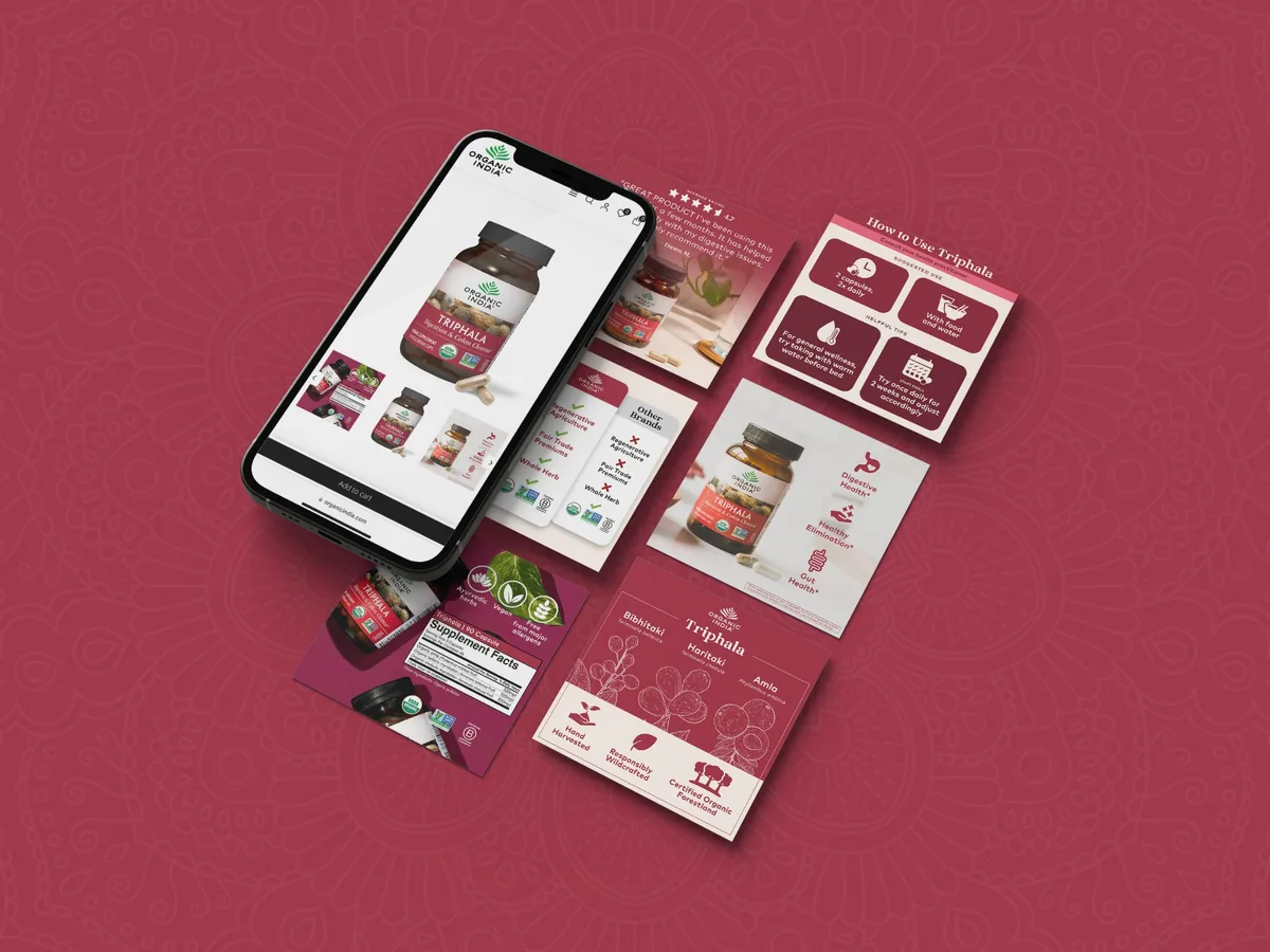 Amazon A+ content and product detail page design for Organic India Triphala supplement, mobile product listing with supporting content cards featuring usage instructions, competitive comparison, health benefits, ingredient breakdown, and supplement facts