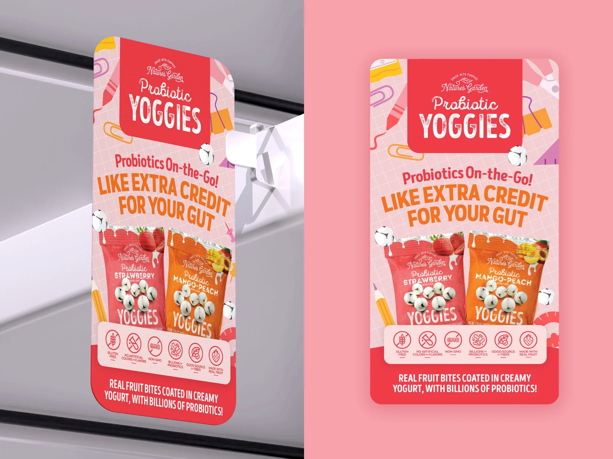 Shelf talker design for Nature's Garden Probiotic Yoggies, red and pink retail hanging tag with Strawberry and Mango Peach flavors, back-to-school theme, Like Extra Credit for Your Gut tagline, and benefit icons