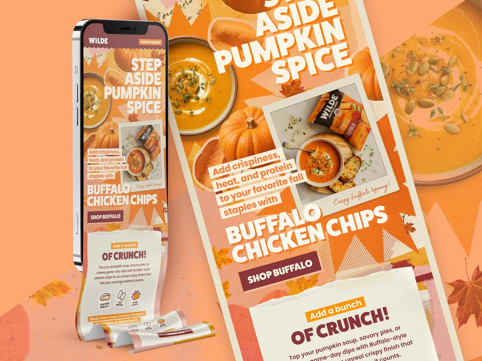 Fall seasonal email design for Wilde protein chips brand, mobile and desktop layouts in warm orange with Step Aside Pumpkin Spice headline promoting Buffalo Chicken Chips with pumpkin soup recipe photography and autumn leaf accents