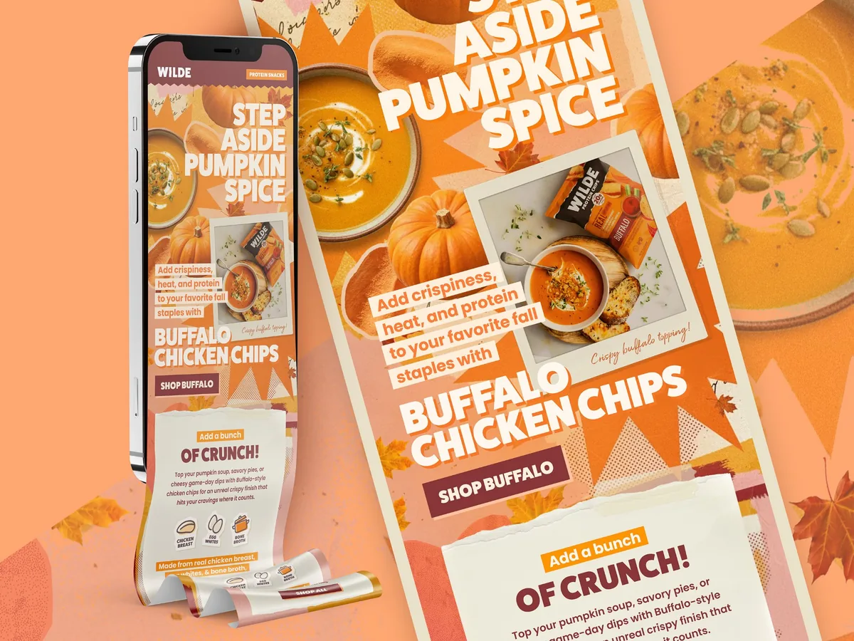 Fall seasonal email design for Wilde protein chips brand, mobile and desktop layouts in warm orange with Step Aside Pumpkin Spice headline promoting Buffalo Chicken Chips with pumpkin soup recipe photography and autumn leaf accents