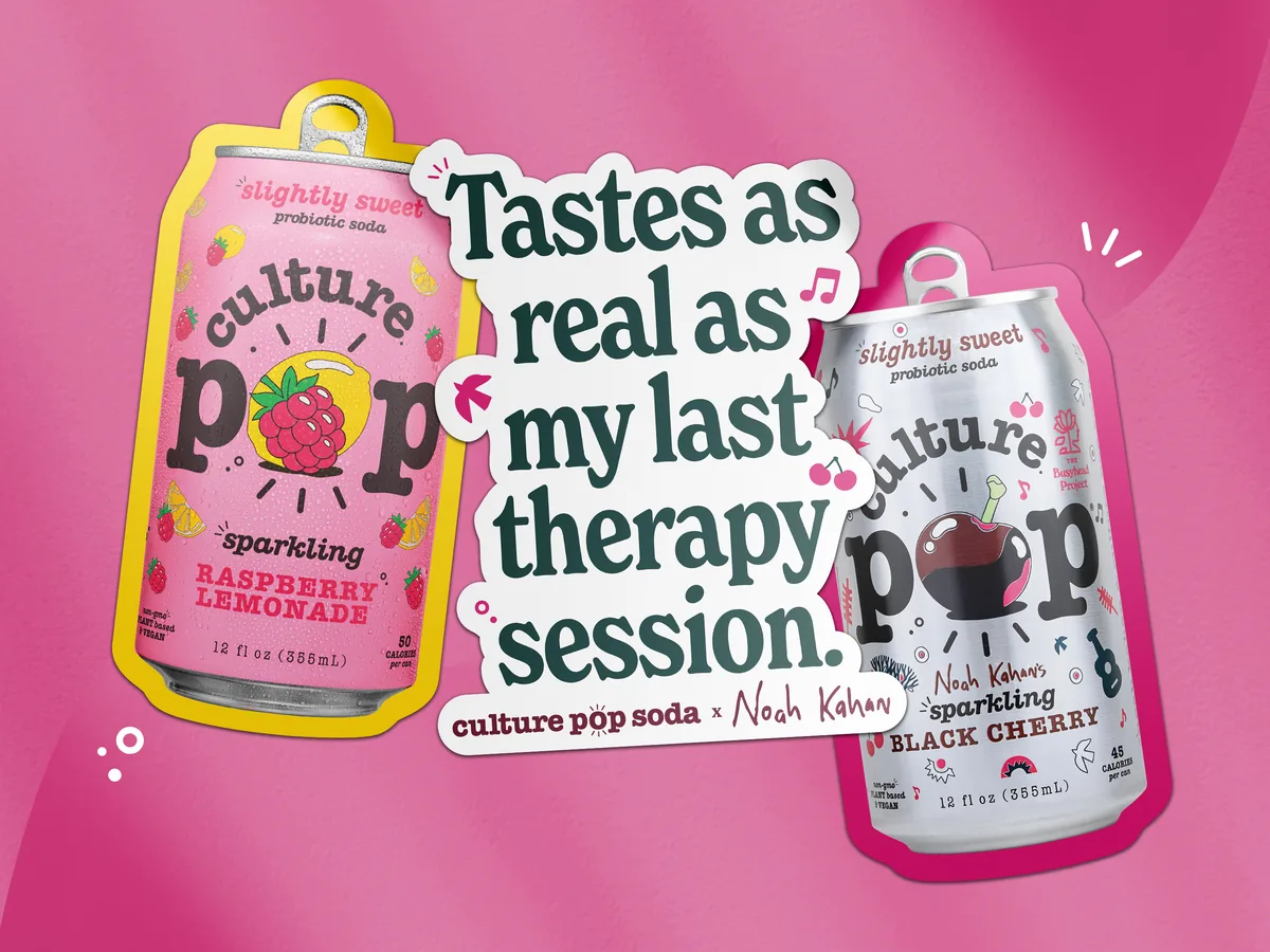 Expo sticker design for Culture Pop probiotic soda brand, die-cut sticker-style cans of Raspberry Lemonade and Noah Kahan collaboration Black Cherry flavors on hot pink background with Tastes As Real As My Last Therapy Session headline
