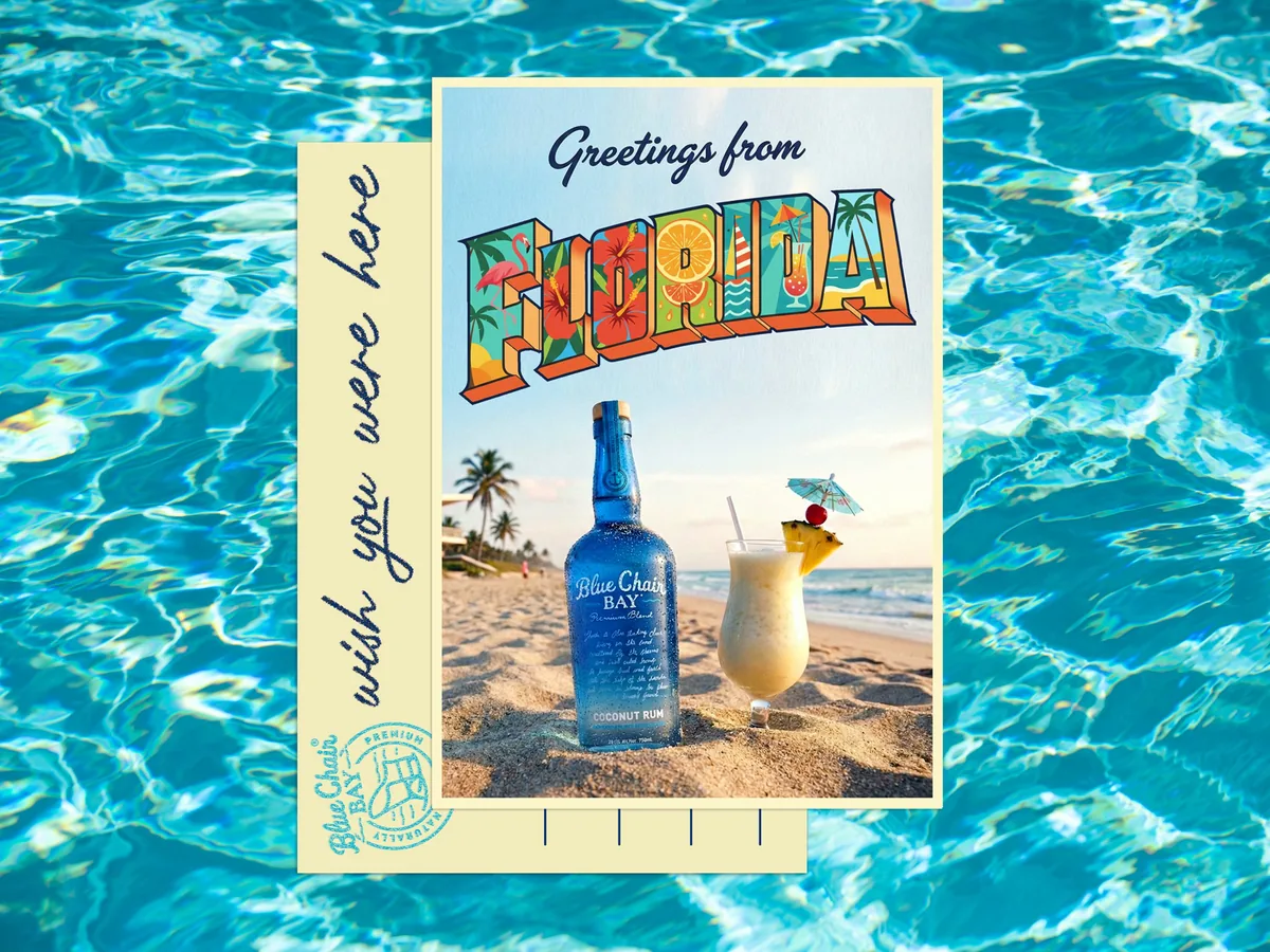Vintage-style postcard design for Blue Chair Bay coconut rum brand, Greetings From Florida retro letter art with beach scene featuring blue rum bottle and piña colada cocktail on tropical water background