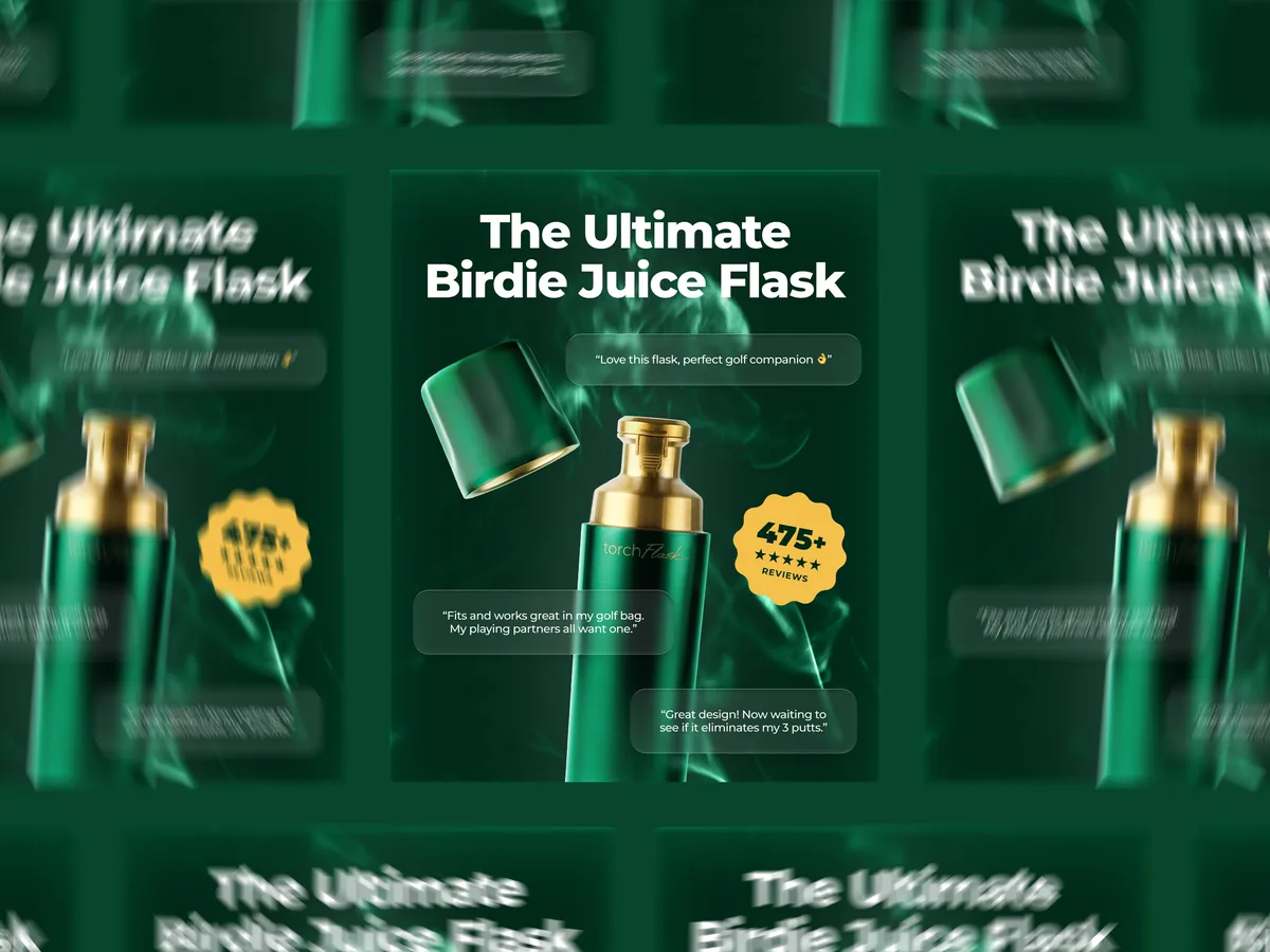 Digital ad design for High Camp Flasks Torch Flask, dark green and gold product photography with The Ultimate Birdie Juice Flask golf-themed headline, customer review quotes, and 475 plus five-star reviews badge