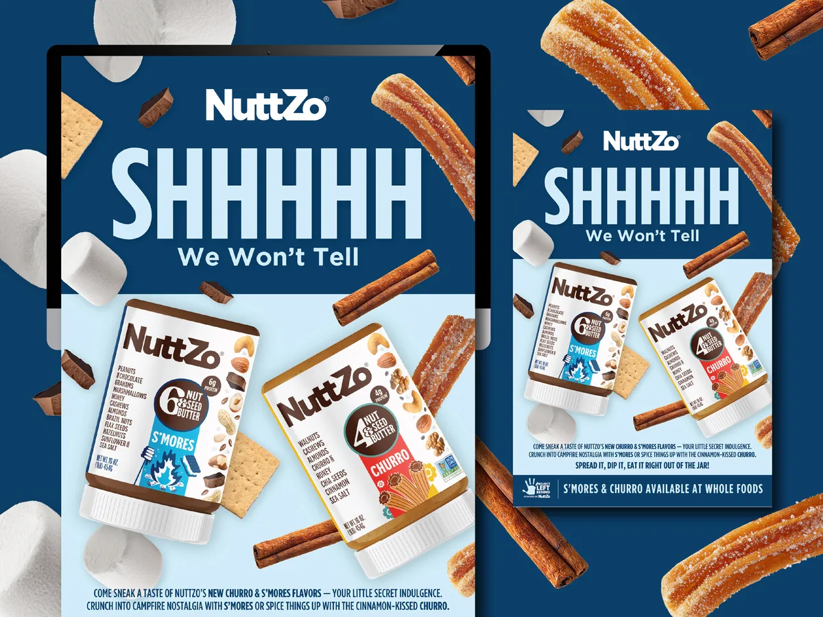 Desktop and mobile ad designs for NuttZo nut and seed butter brand, Shhhhh We Won't Tell headline announcing new S'mores and Churro flavors with product jars, marshmallows, churros, and cinnamon sticks on blue background with Available at Whole Foods callout