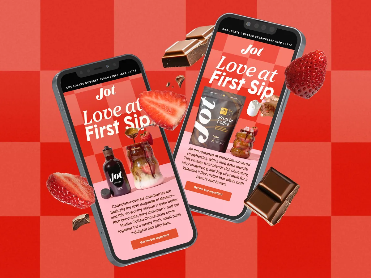 Valentine's Day email design for Jot coffee concentrate brand, two mobile mockups on red gingham background featuring Love at First Sip headline and Chocolate Covered Strawberry Iced Latte recipe with floating strawberries and chocolate