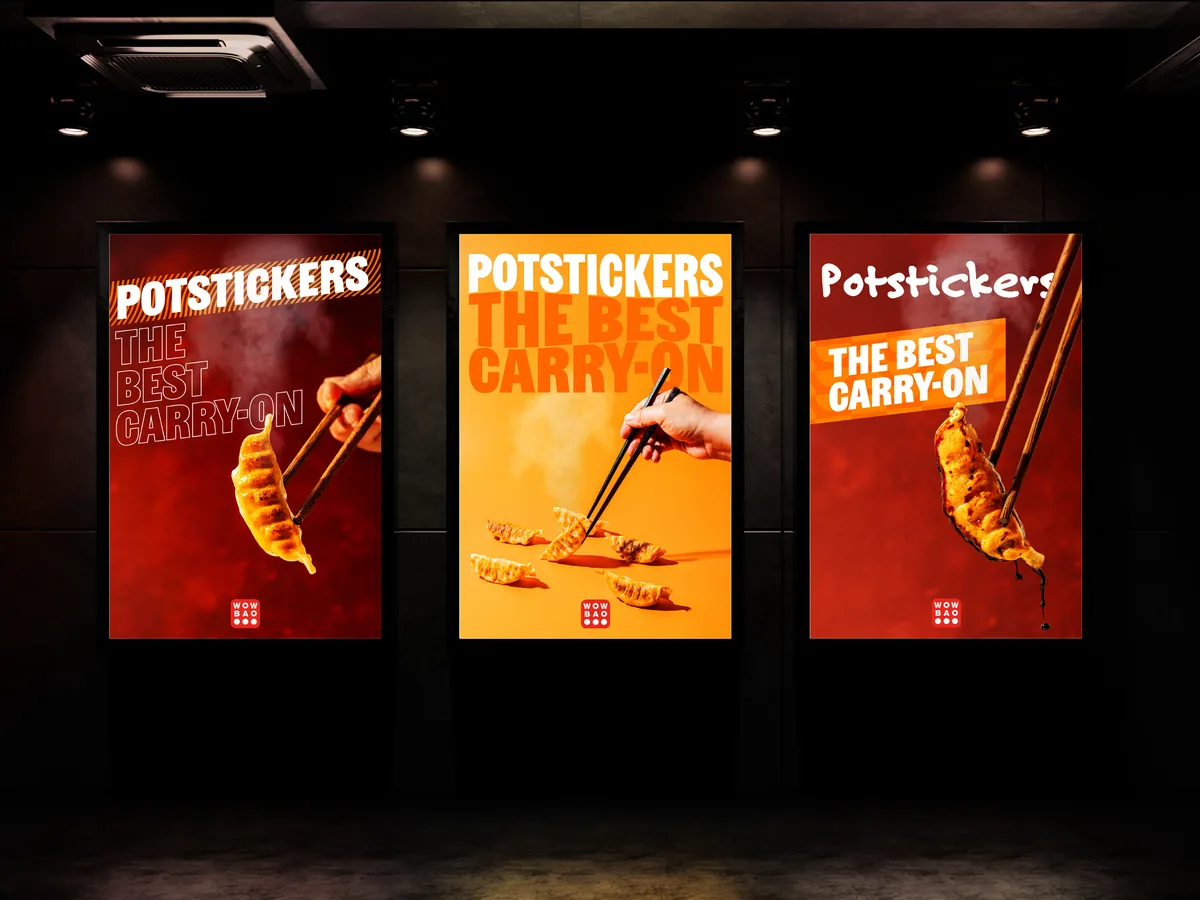 Airport poster campaign for Wow Bao potstickers, three backlit poster variations in red orange and yellow with Potstickers The Best Carry-On headline featuring crispy dumplings held by chopsticks with steam effects