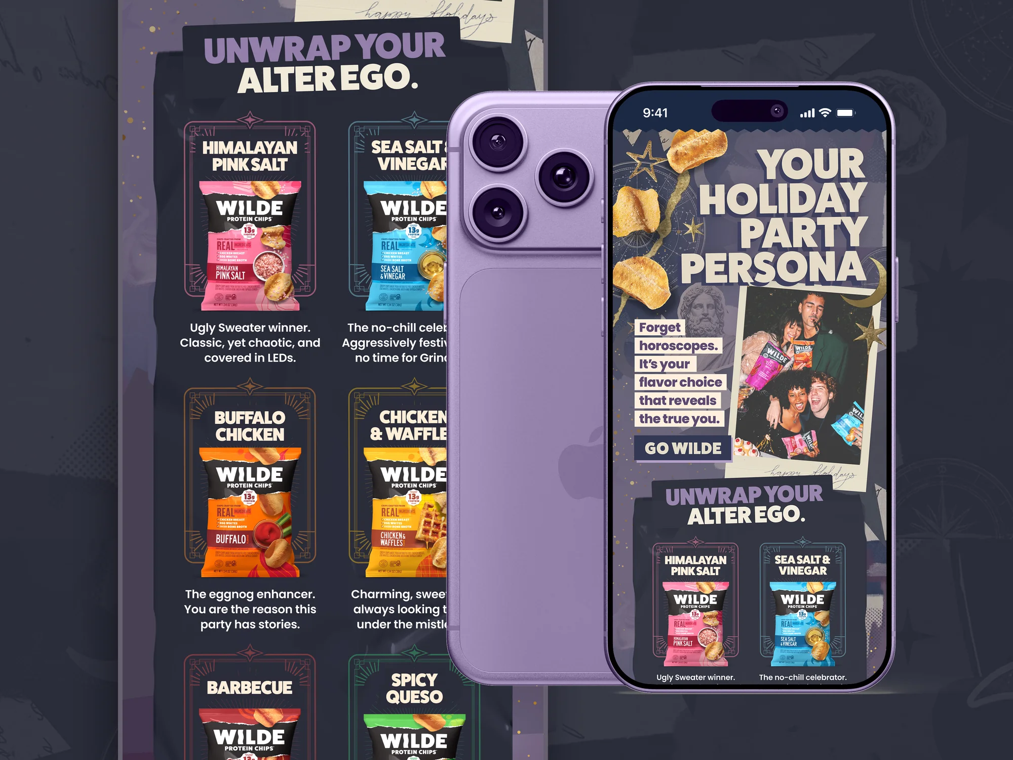 Holiday email campaign for Wilde protein chips brand, desktop and mobile layouts on purple background with Your Holiday Party Persona headline and Unwrap Your Alter Ego flavor-personality matching quiz featuring all chip flavors in festive tarot card style frames
