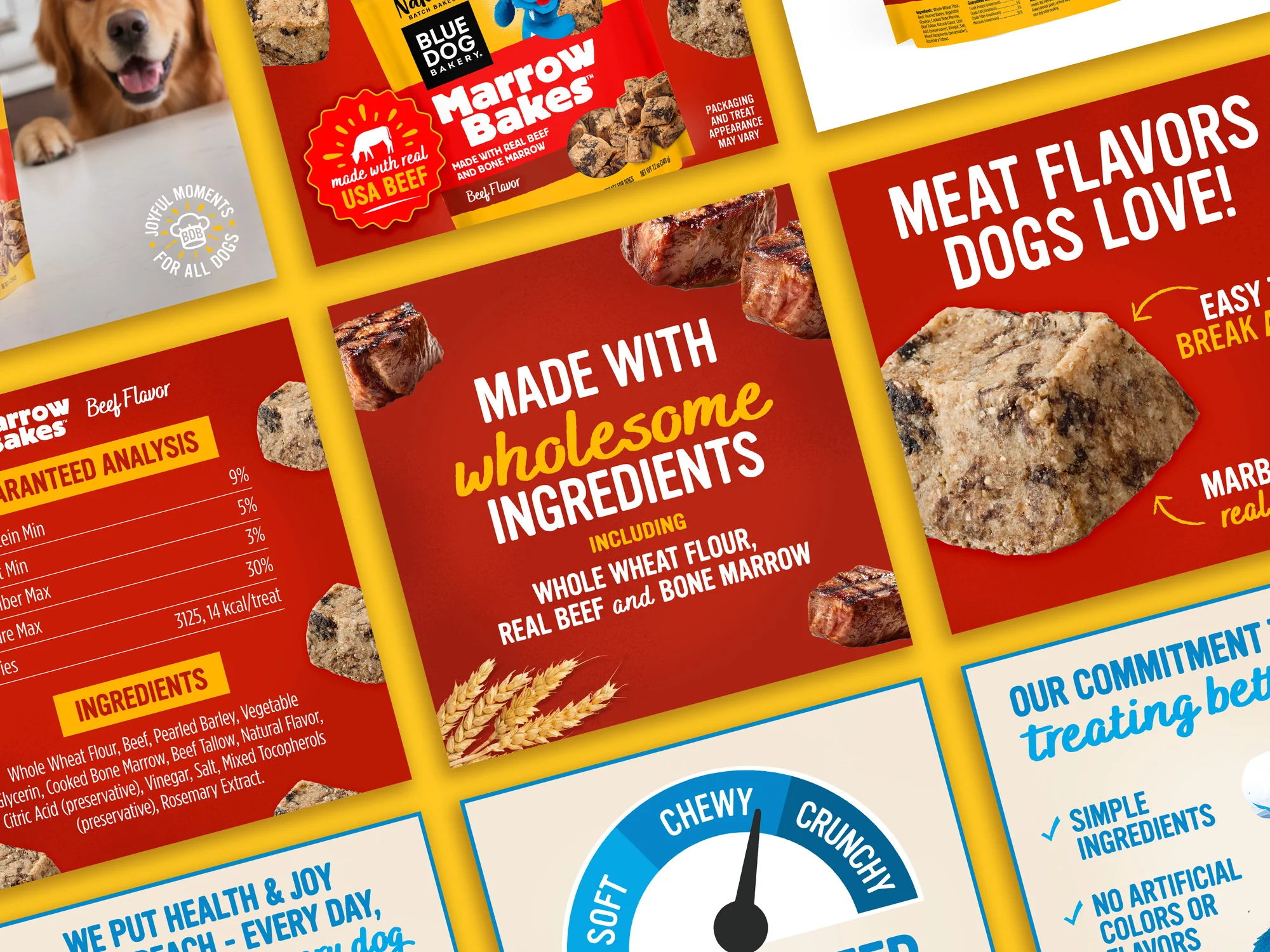 Amazon A-plus content suite for Blue Dog Bakery Marrow Bakes dog treats, multiple content cards on red and cream backgrounds featuring product photography, ingredient details, guaranteed analysis, Made With Wholesome Ingredients messaging, and texture dial showing chewy to crunchy range