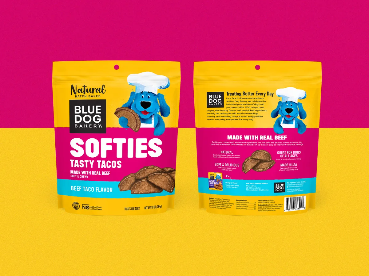 Front and back packaging design for Blue Dog Bakery Softies Tasty Tacos dog treats, yellow and pink standing pouch with blue chef dog mascot, Beef Taco flavor, Natural Batch Baked callout, and Treating Better Every Day brand story on back panel