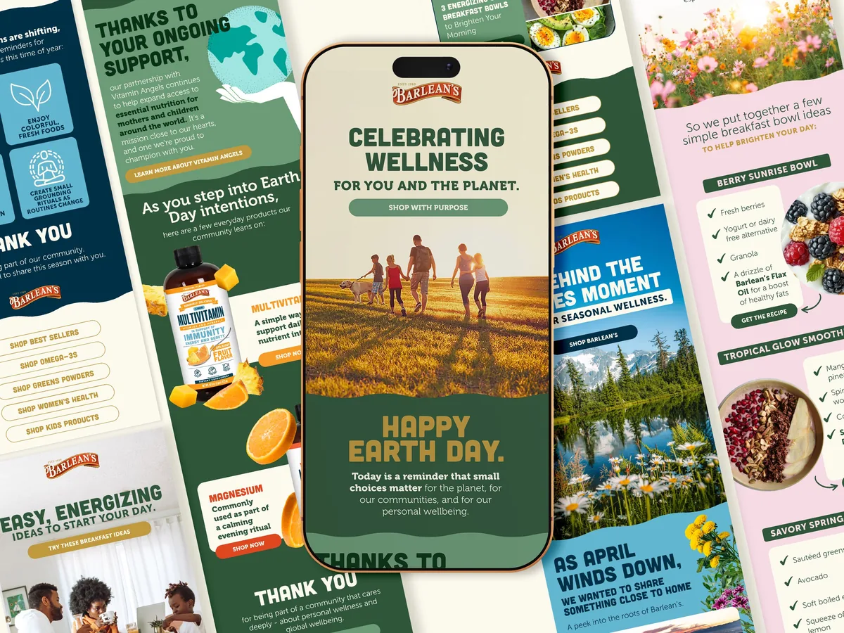 Email marketing campaign suite for Barlean's supplement brand, collage of multiple email designs including Earth Day celebration, breakfast bowl recipes, seasonal wellness, Vitamin Angels partnership, and product education for Omega-3s Multivitamin and Magnesium
