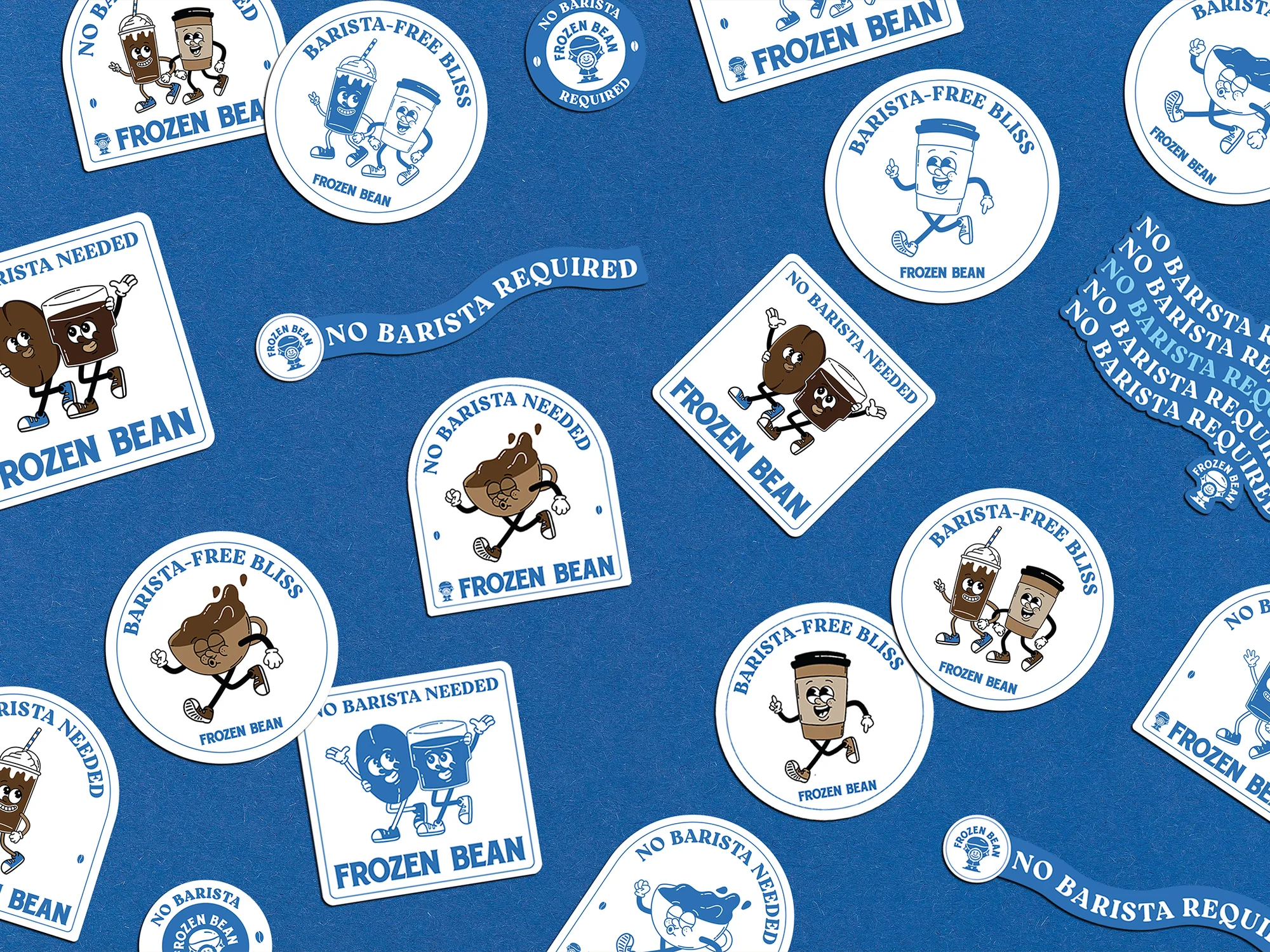 Die-cut sticker collection for Frozen Bean coffee brand, scattered retro-style stickers on blue background featuring cartoon coffee cup and bean mascot characters with No Barista Needed, Barista-Free Bliss, and No Barista Required taglines
