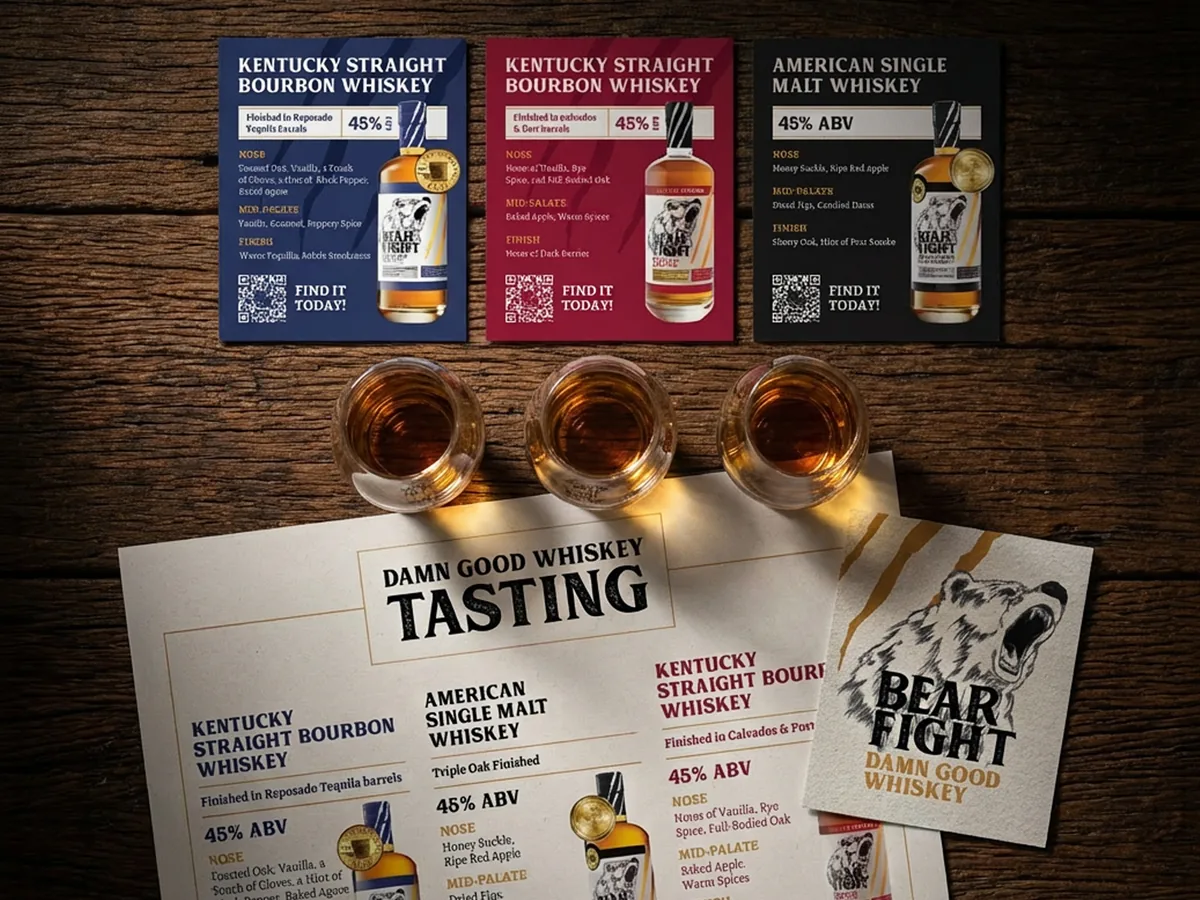 Whiskey tasting material set for Bear Fight brand, three color-coded tasting cards in blue red and black for Kentucky Straight Bourbon and American Single Malt varieties with tasting notes, plus Damn Good Whiskey Tasting mat displayed on oak surface with whiskey glasses