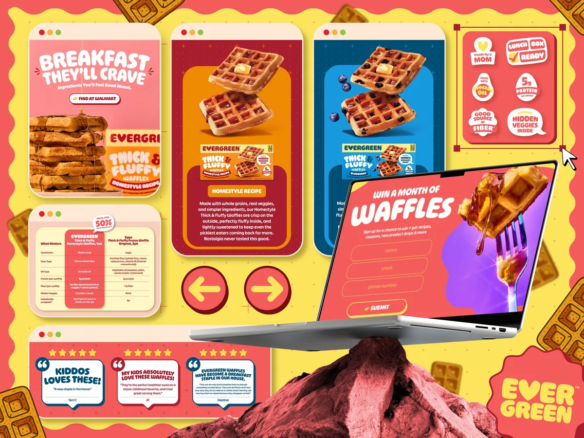 Walmart retail landing page design for Evergreen frozen waffles, multi-section layout with Breakfast They'll Crave hero, Thick and Fluffy Waffles product pages in Homestyle and Blueberry, ingredient comparison chart versus Eggo, Win A Month of Waffles contest signup, and five-star customer reviews