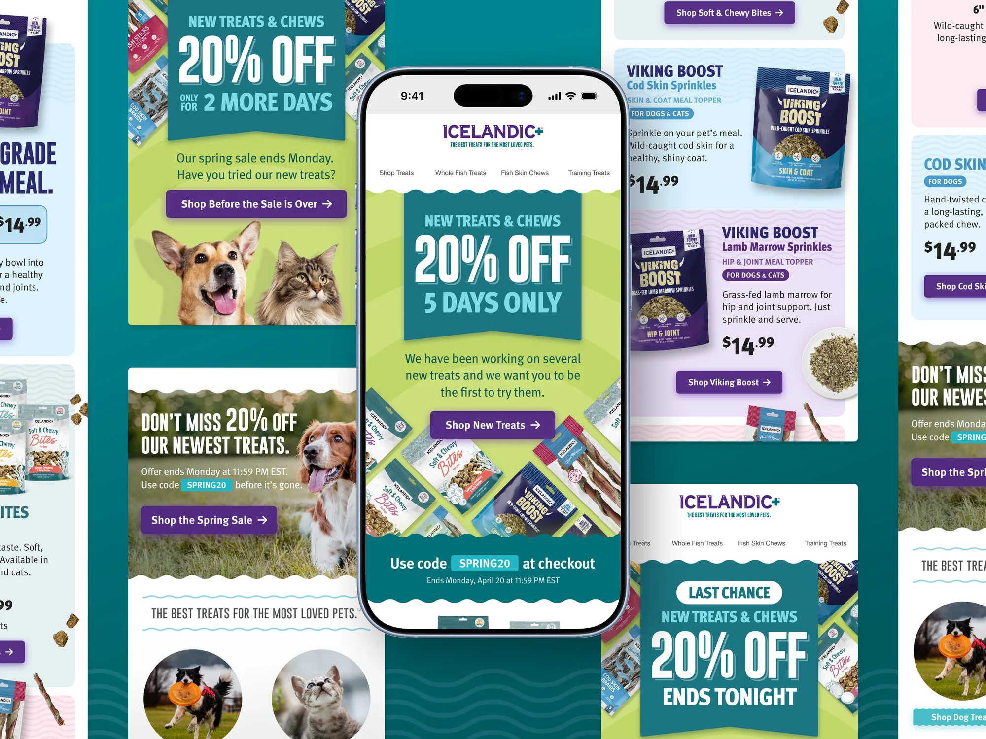 Email marketing campaign suite for Icelandic Plus pet treat brand, collage of multiple emails in teal and purple featuring New Treats and Chews 20 percent off spring sale, Viking Boost product launches, Soft and Chewy Bites, and Last Chance urgency messaging with dog photography