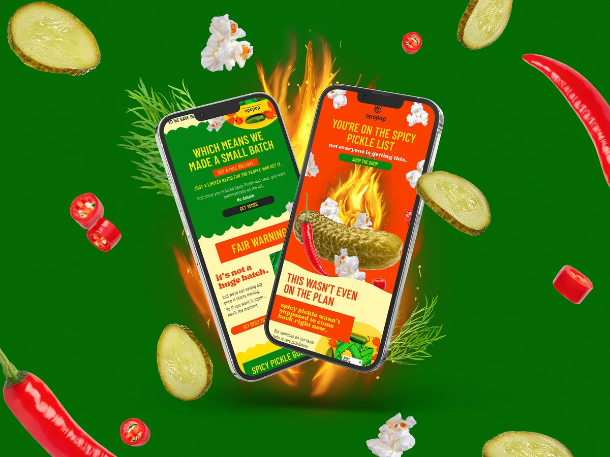 Limited batch Spicy Pickle flavor launch email for Opopop gourmet popcorn brand, two mobile mockups on green background with fire effects, floating pickles and chili peppers, You're On The Spicy Pickle List and This Wasn't Even On The Plan exclusivity messaging
