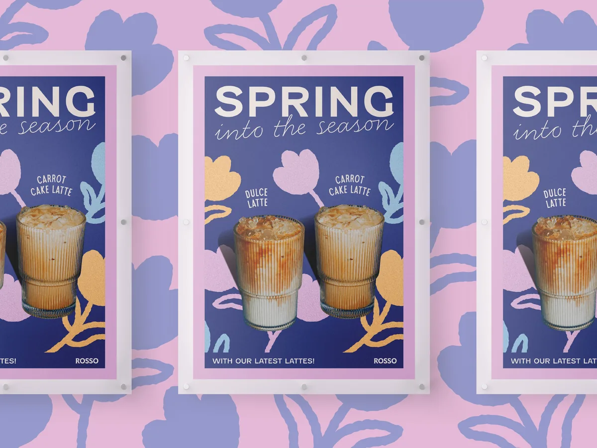 Spring seasonal poster for Rosso coffee shop brand, repeating framed poster design on pink floral background with Spring Into the Season headline featuring Carrot Cake Latte and Dulce Latte iced drinks on deep purple backdrop with illustrated tulips in pink blue and gold