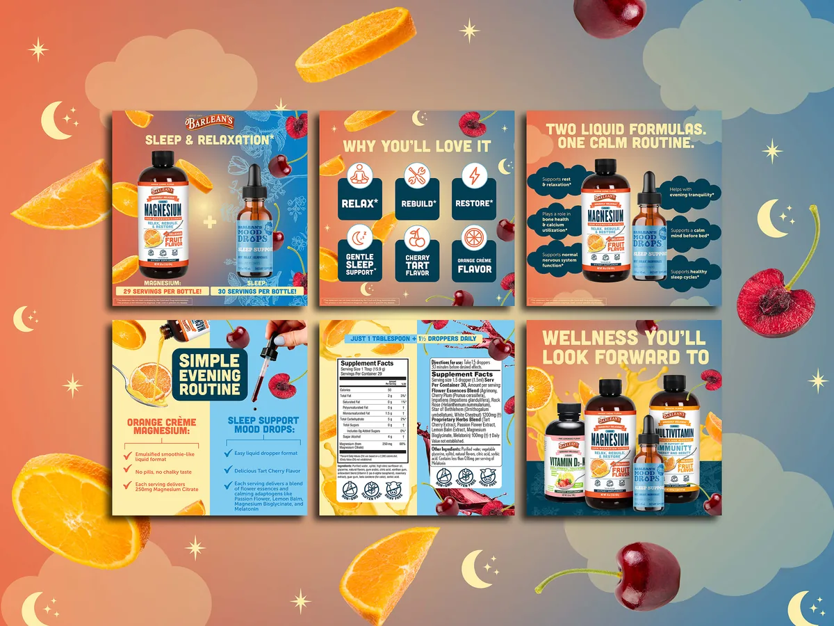 Amazon product listing infographic suite for Barlean's Magnesium Relax Rebuild Restore and Mood Drops Sleep Support, covering a six-panel carousel with product benefits, supplement facts, flavor callouts, and a full lineup bundle shot.