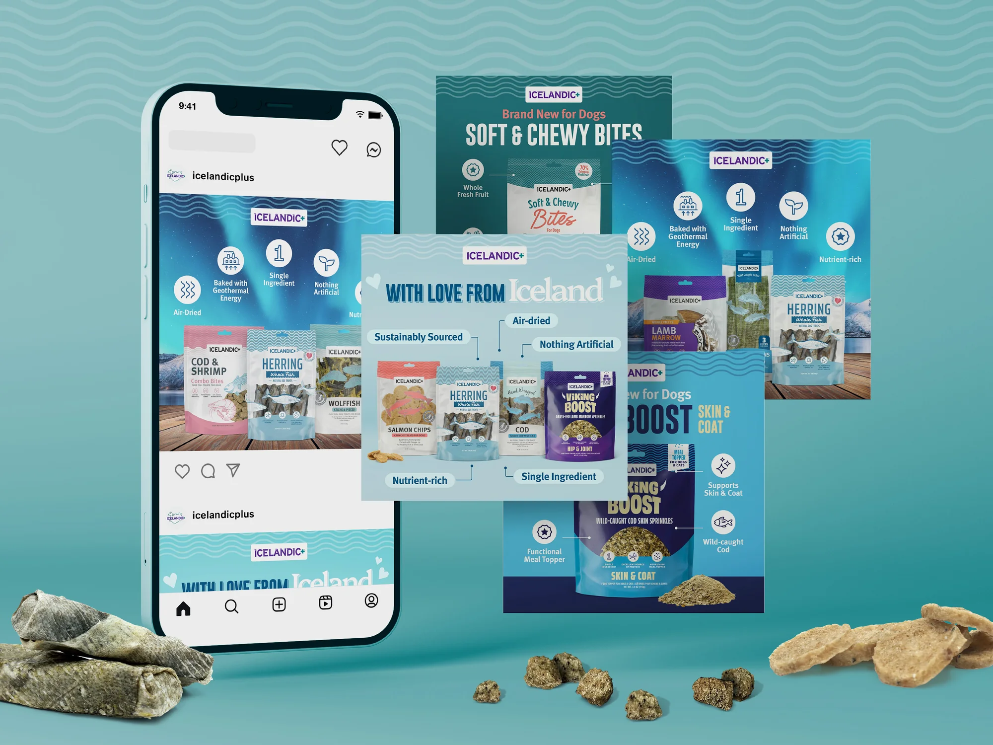 Instagram social content suite for Icelandic+ dog treats featuring a 'With Love from Iceland' brand story carousel, a Soft & Chewy Bites for Dogs product launch panel, and a Viking Boost Skin & Coat meal topper launch graphic.
