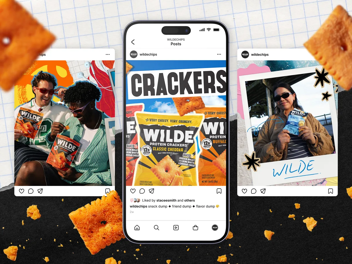 Instagram launch social posts for WILDE Protein Crackers featuring a 'CRACKERS' sky billboard graphic with Classic Cheddar and Buffalo Cheddar bags, a lifestyle photo of two friends eating crackers by a mural, and a polaroid-style photo of a woman holding Sea Salt crackers.