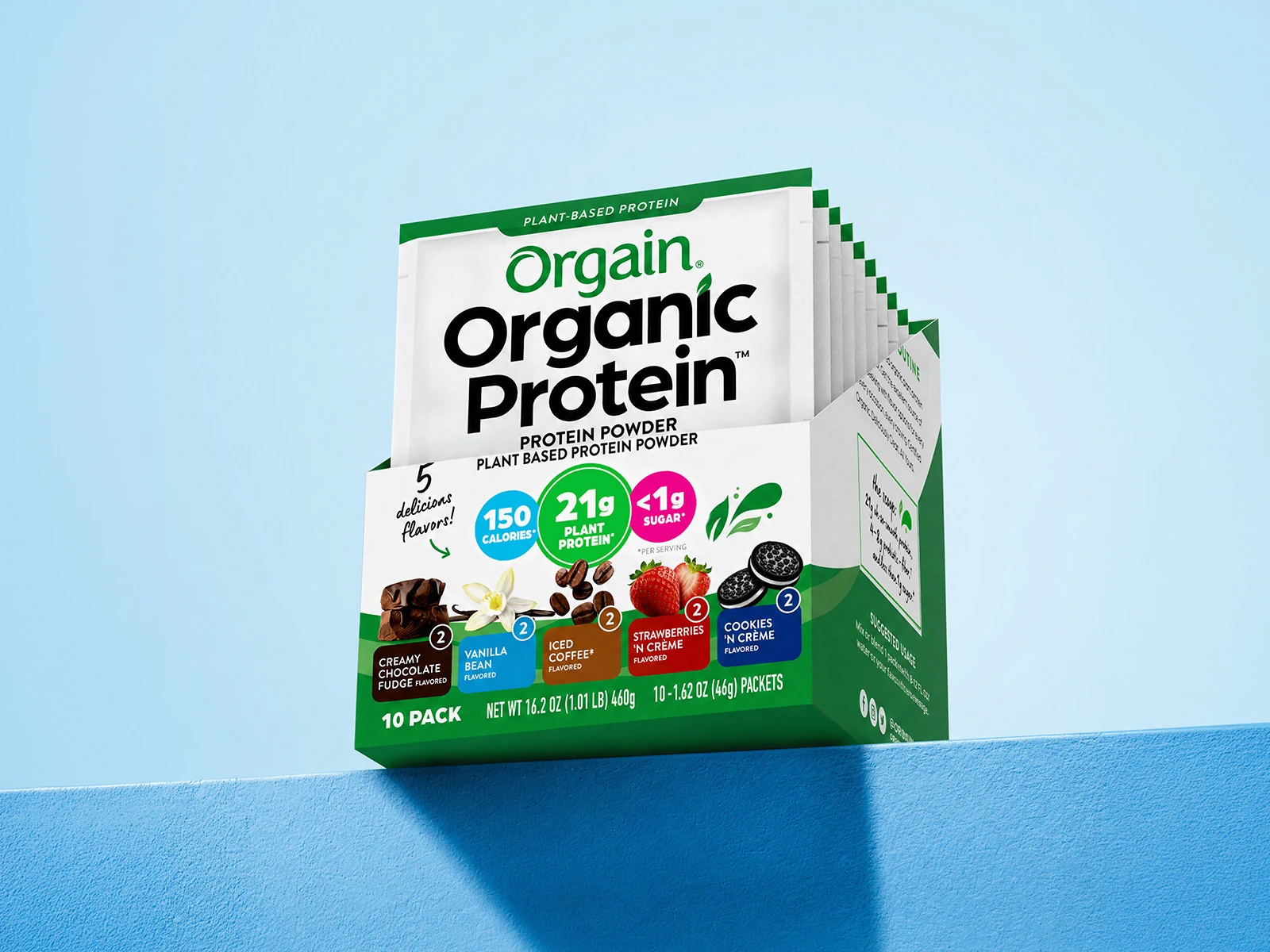 Orgain Organic Protein plant-based protein powder 10-pack box on a blue background