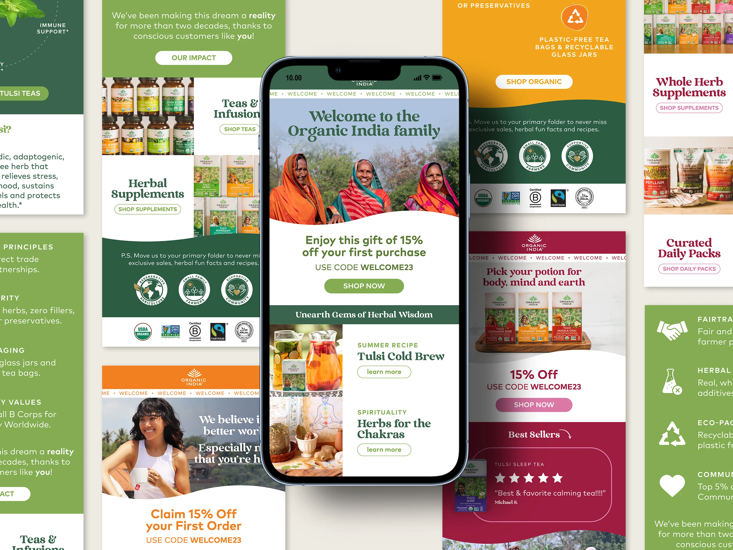 Organic India email and web campaign layouts for teas and herbal supplements shown on a tablet and phone