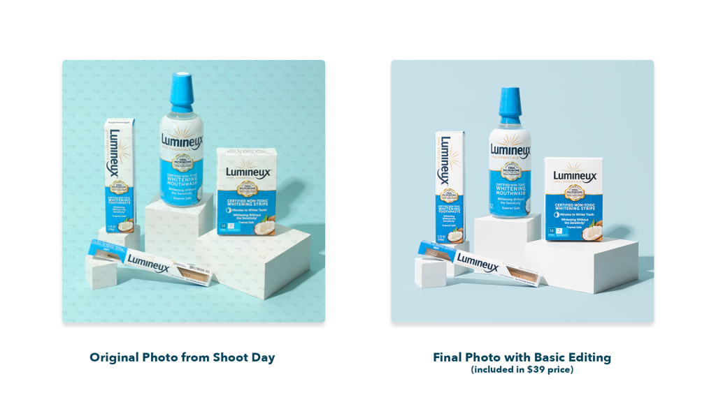 Side by side comparison of two teeth whitening product packages with photo editing