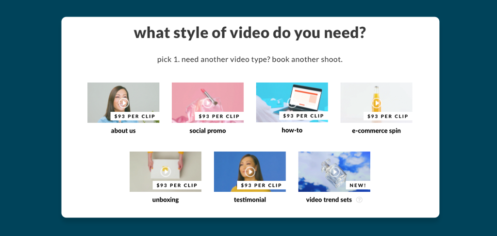 Soona available video options with pricing