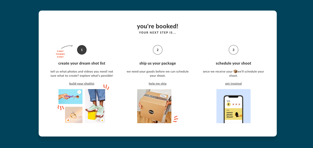 Soona booking, shipping product and scheduling process