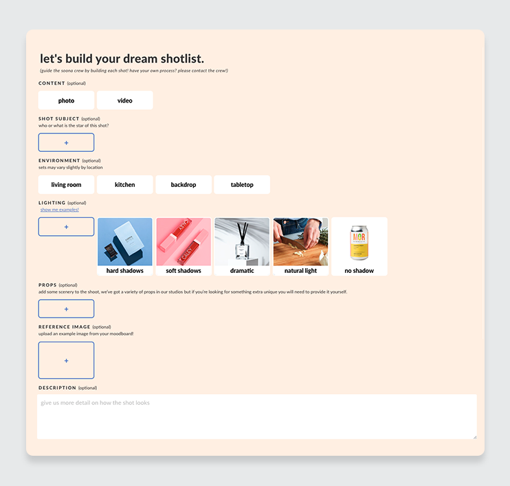 Soona website shot list builder form
