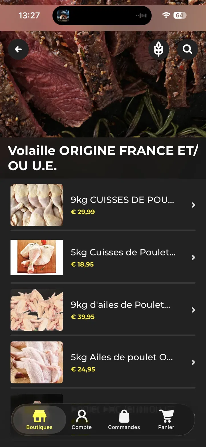 Application Boucherie Discontal : rayon volaille avec colis de cuisses et ailes de poulet