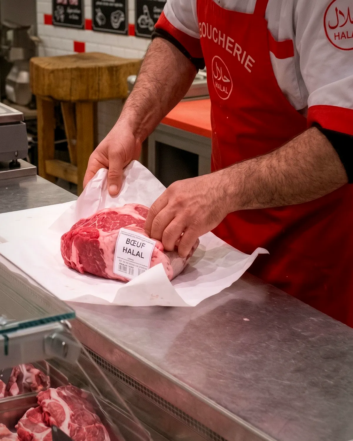 Le boucher emballe une pièce de bœuf halal prête à emporter