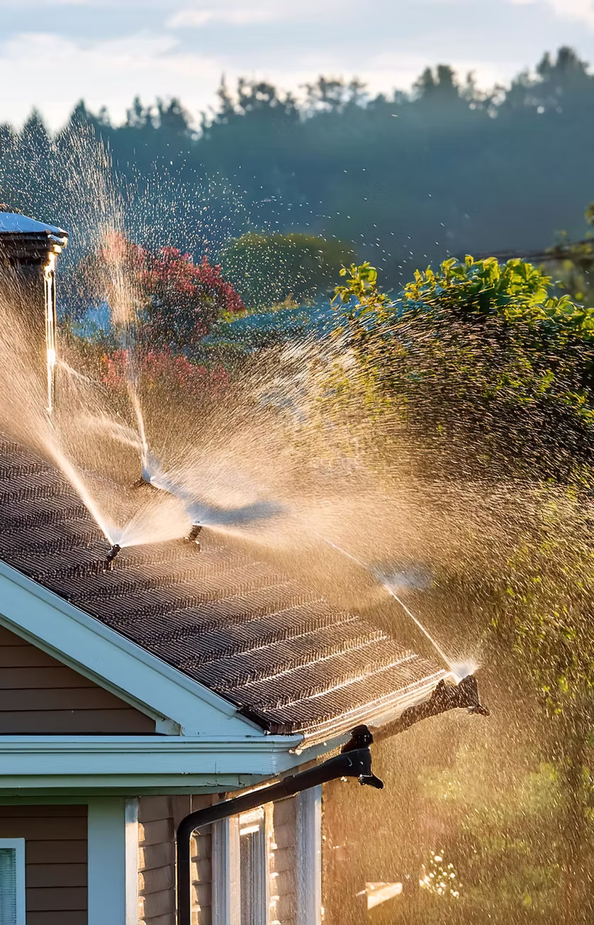 Roof sprinklers spraying water across a home's roof and gutters for wildfire protection