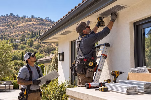 Installers fitting ember-resistant vents under the eaves of a hillside home