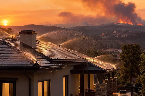 Rooftop sprinkler system wetting a home's tile roof as a wildfire burns on nearby hills