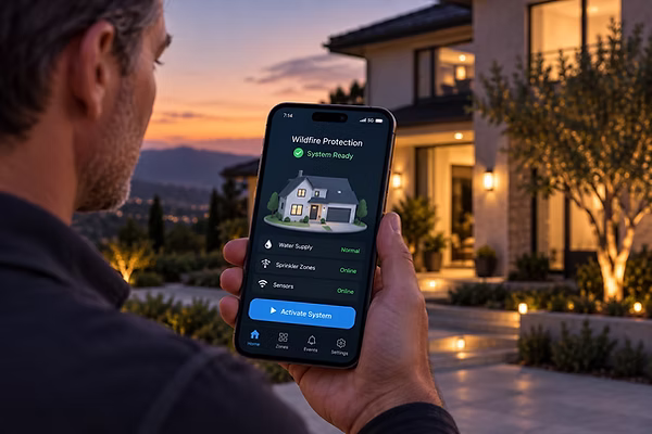 Homeowner activating a roof fire sprinkler system from a smartphone app