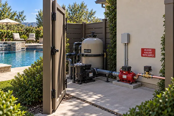 Pool pump connected as a backup water supply for a wildfire roof sprinkler system