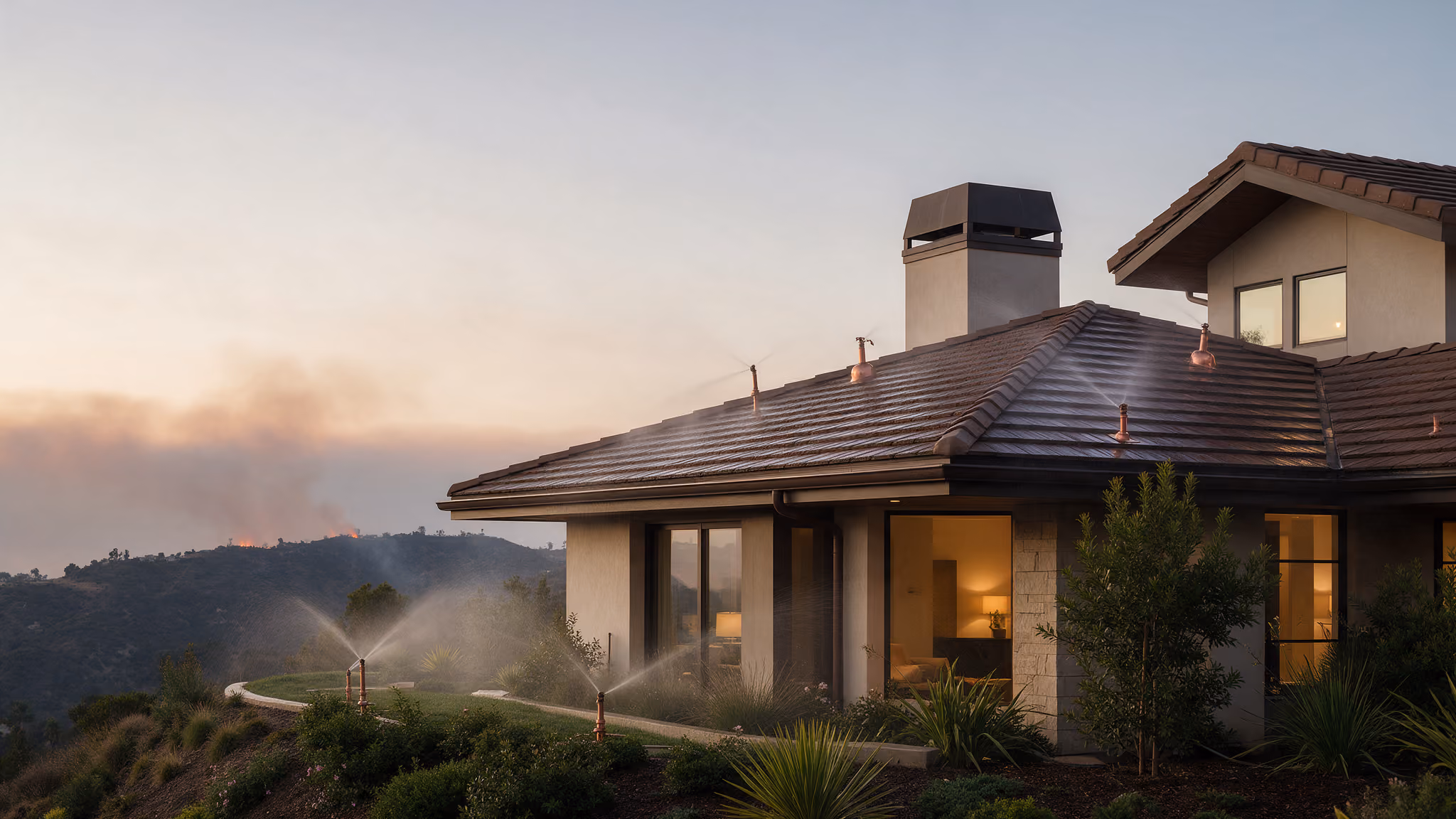 Wildfire roof sprinkler system misting a Southern California home at dusk while a fire glows on a distant ridge
