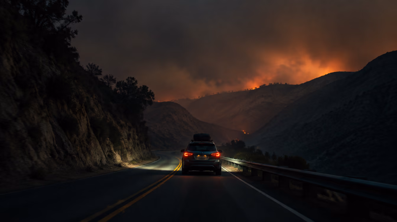 Family evacuating down a canyon road at night during a Southern California wildfire