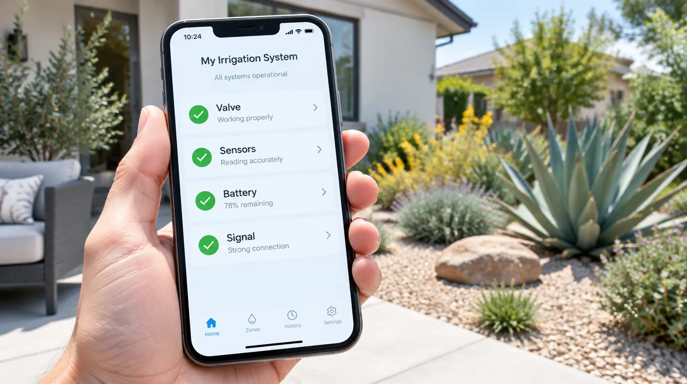 Phone showing a wildfire sprinkler system health dashboard with valves, sensors, battery, and signal all online
