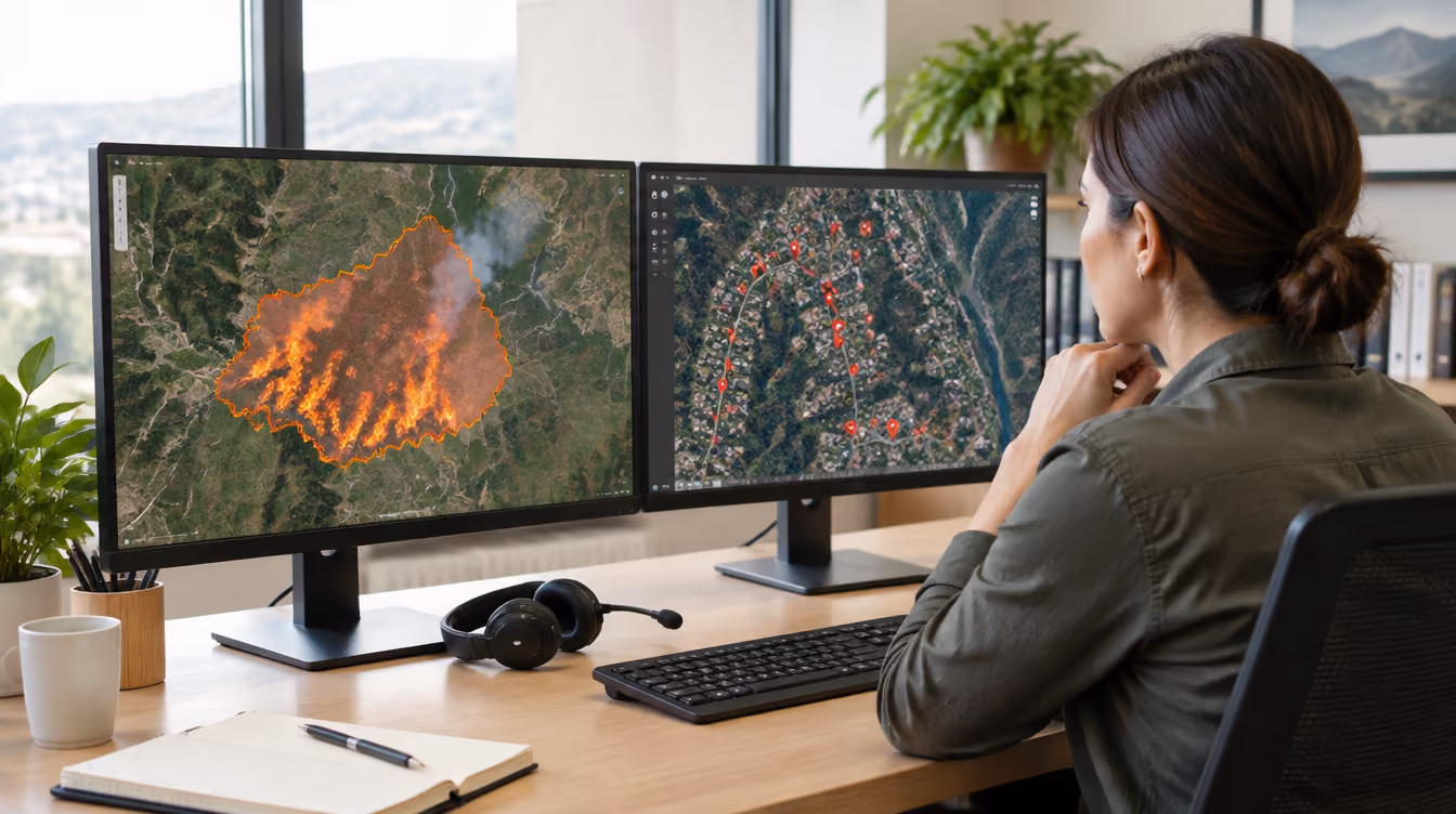 Wildfire monitoring team member tracking a nearby fire on a map before activating a customer's roof sprinklers